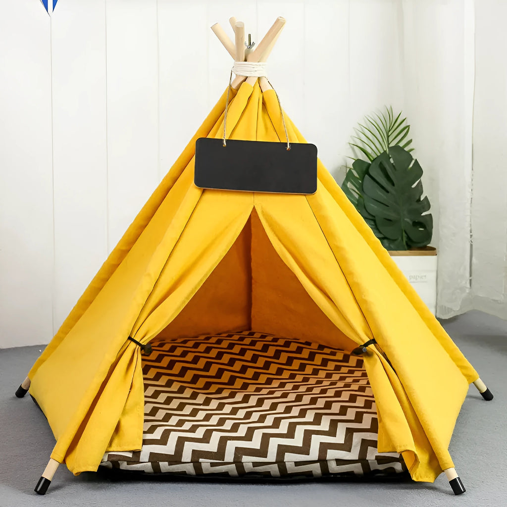 Striped linen pet teepee tent bed with cushion for small dogs or cats.