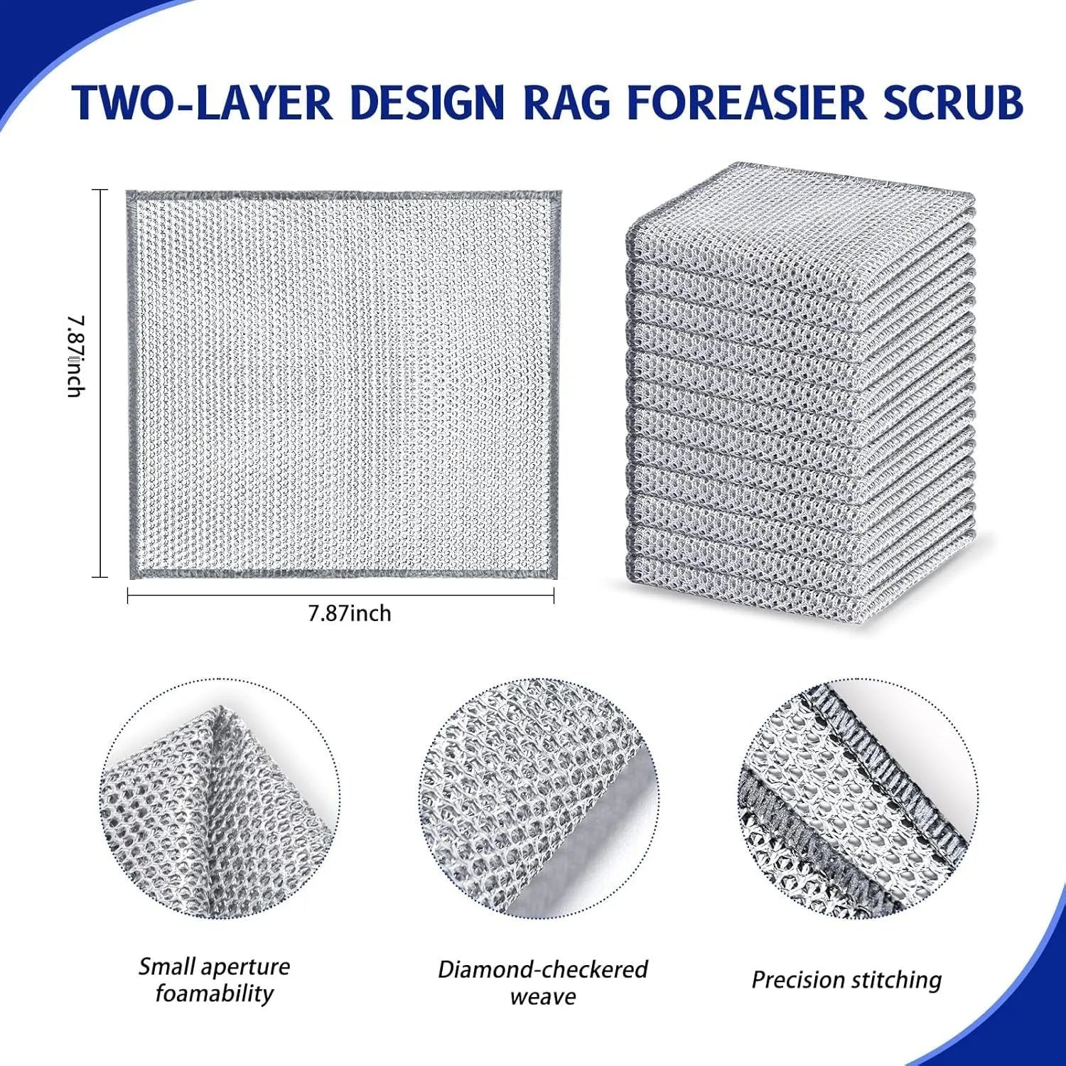 Silver steel wire and microfiber double-sided cleaning rag for scrubbing pots and wiping bowls.