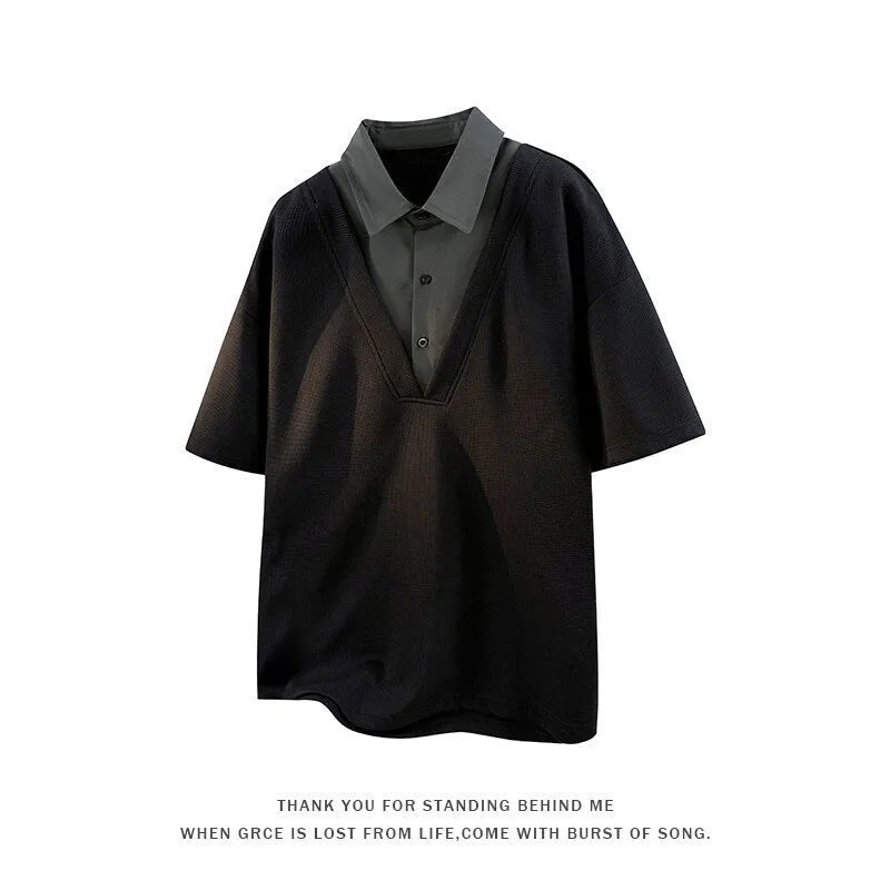 Men's apricot coloured polo shirt sweater with a structured heavy Henry collar and short sleeves