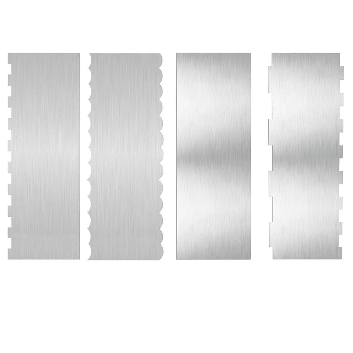 Stainless steel cake decorating scraper showing polygon pattern edge design
