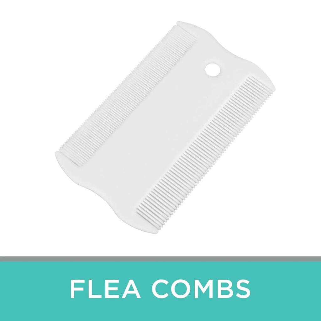Small white plastic dual-sided pet flea comb for cats and dogs on a plain background.