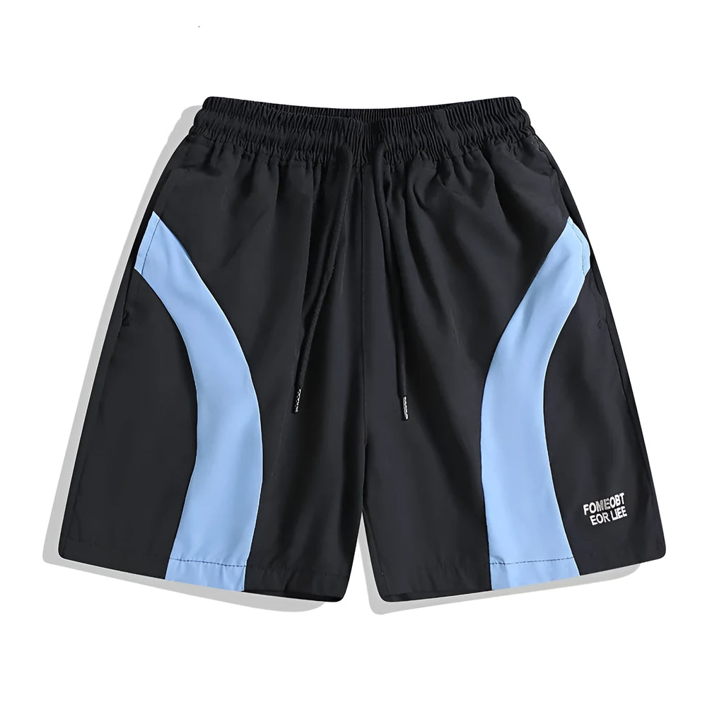 Loose-fit black sports shorts with elastic waistband and straight-leg design for training.