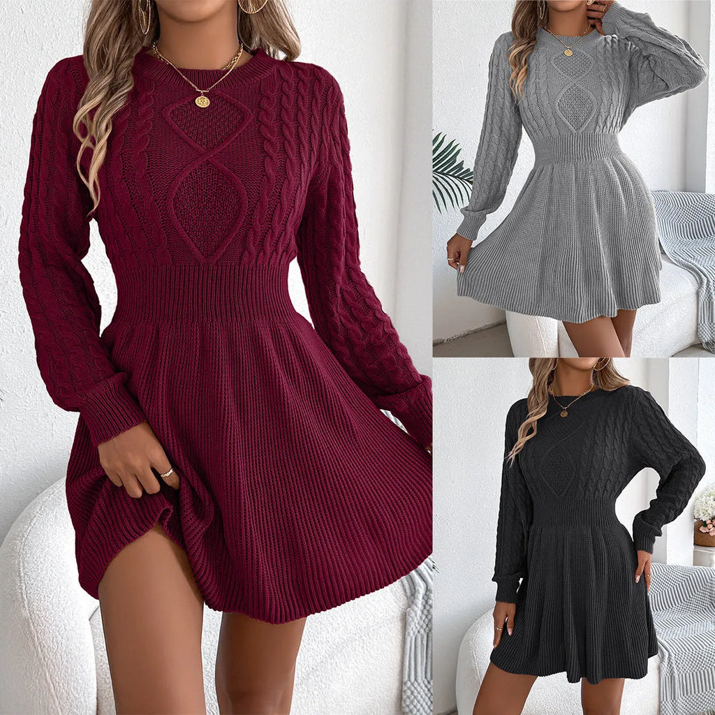 Solid colour women's sweater dress with lantern sleeves and an elastic waist.