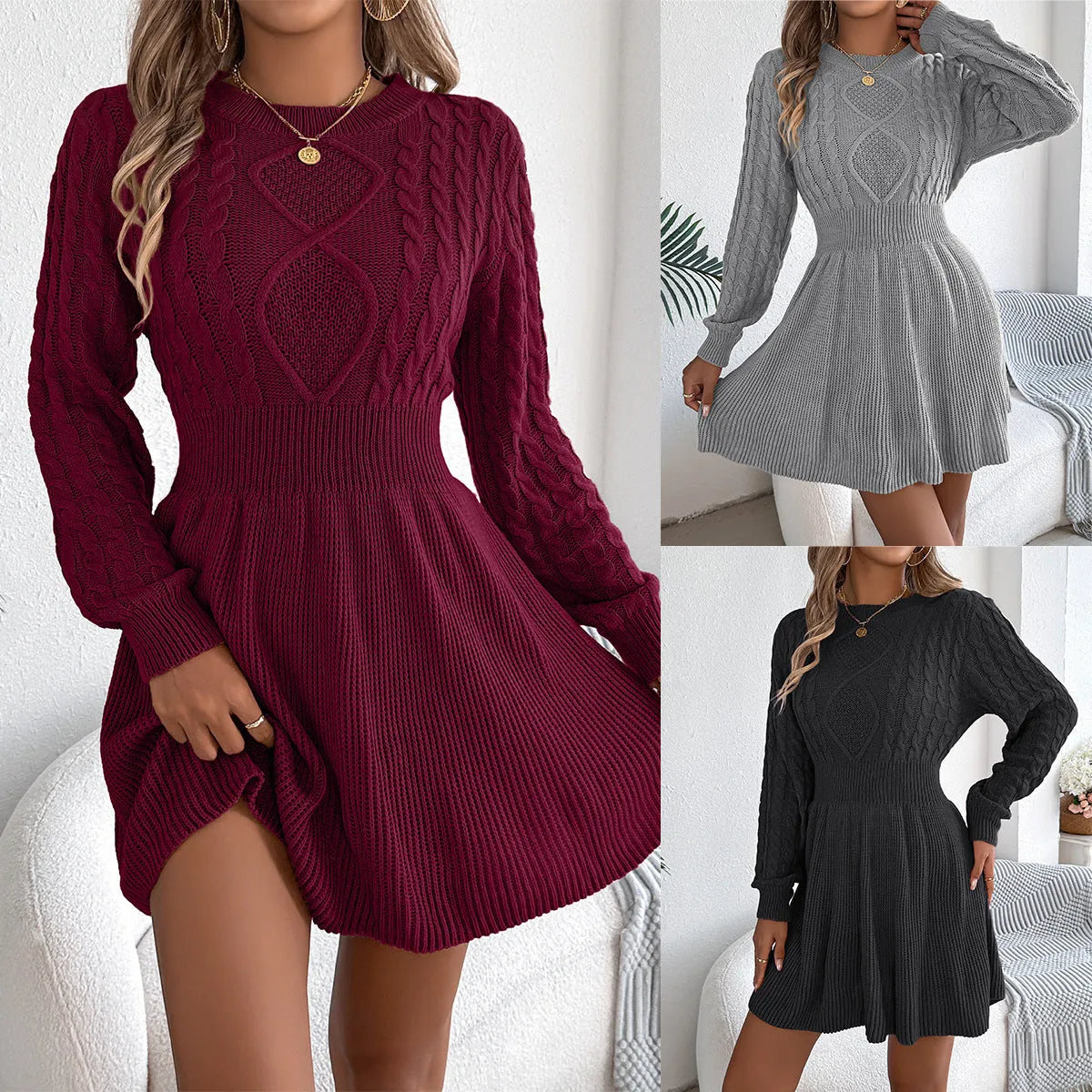Solid colour women's sweater dress with lantern sleeves and an elastic waist.