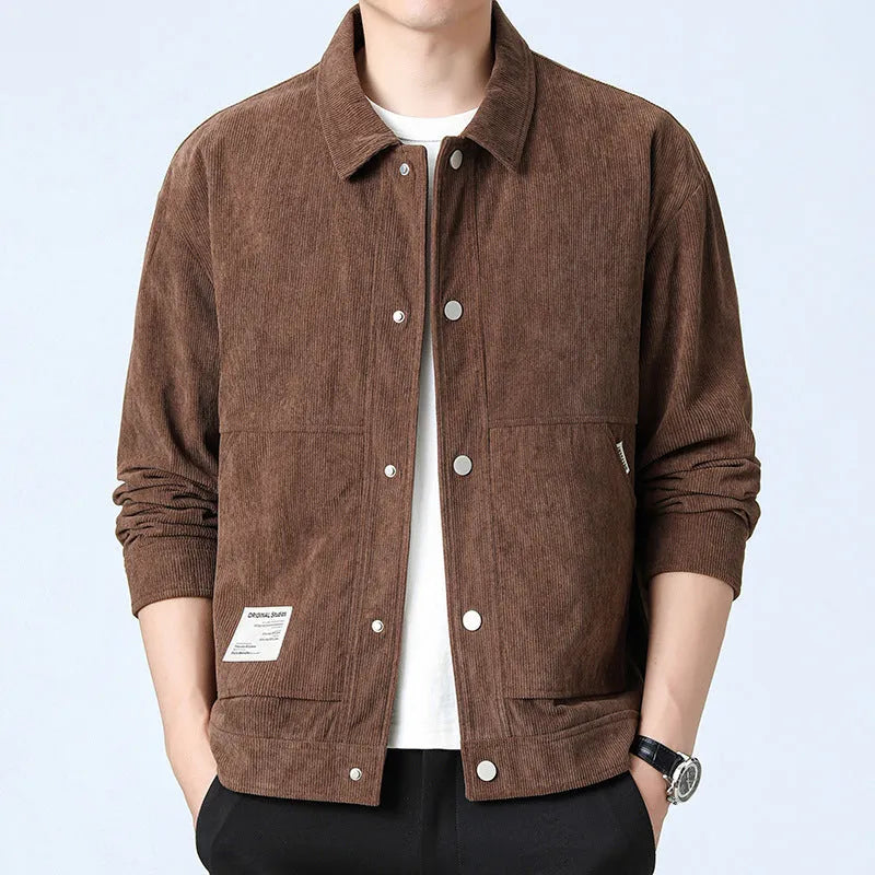Slim fit men's corduroy jacket in solid colour with top stitching pockets, polyester blend fabric