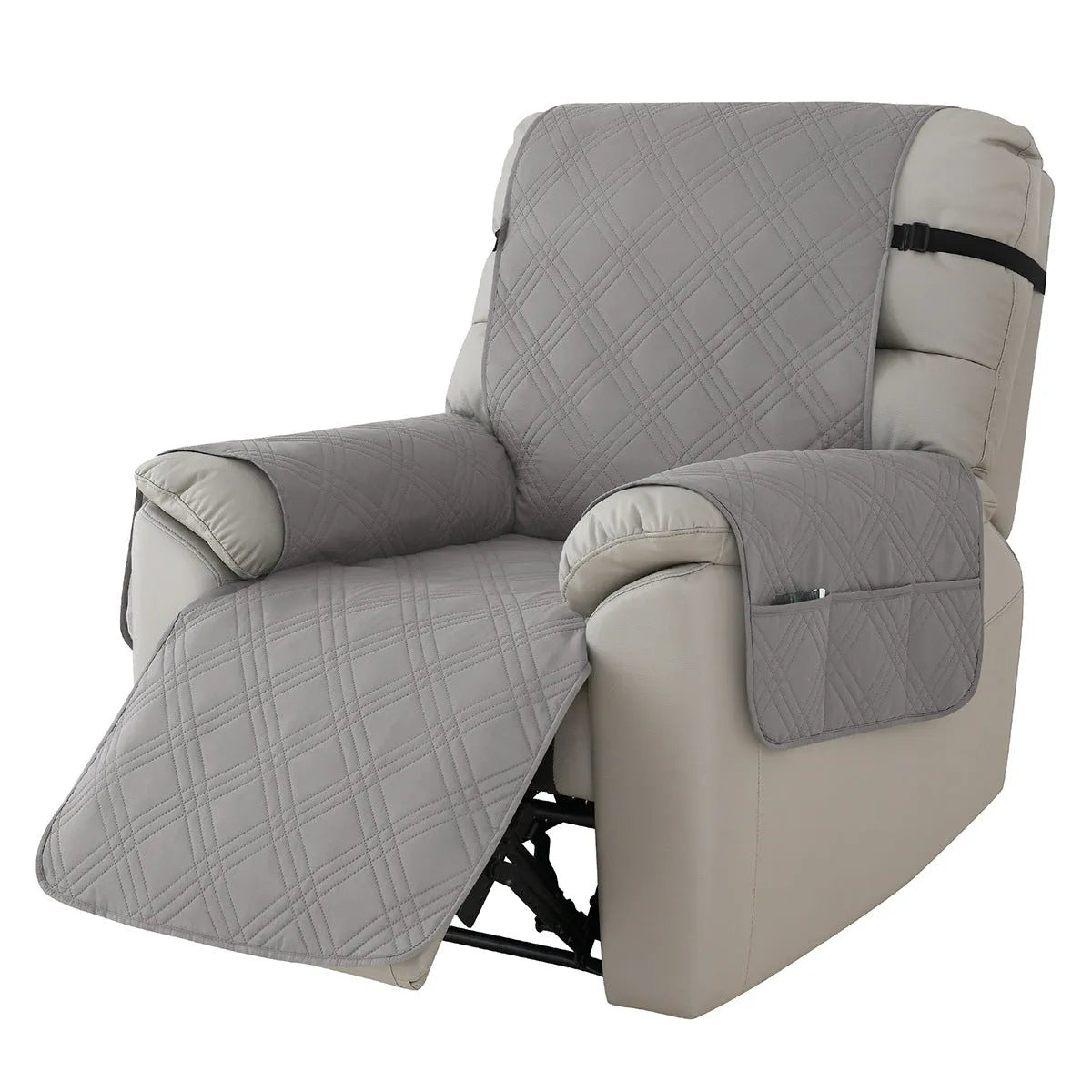 Quilted three-line sofa cover for a Chivas massage chair in peacock blue, showing stretch fit and textured pattern.