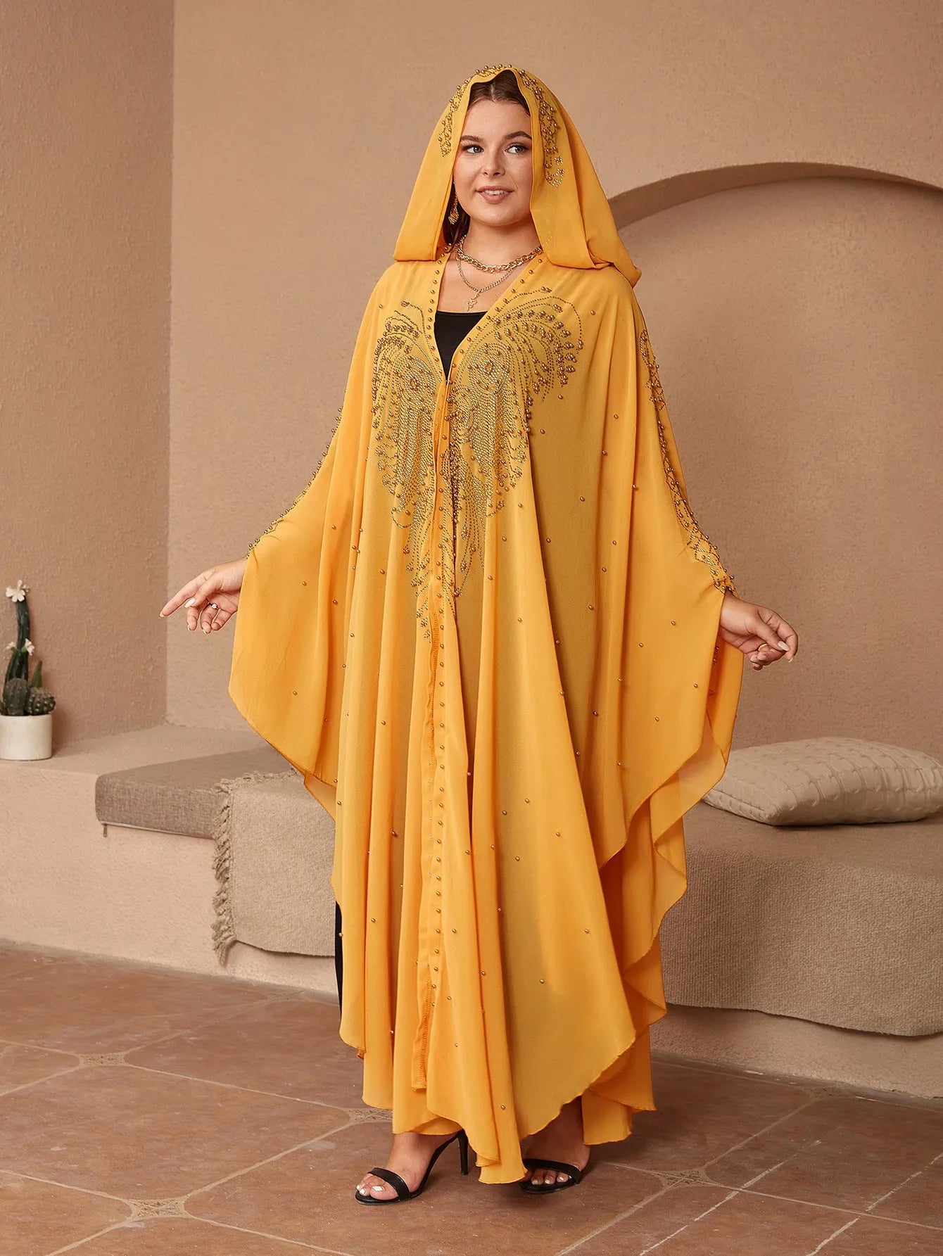 Muslim style chiffon cape shawl with rhinestone beaded trim in various colours showing 135-175cm length