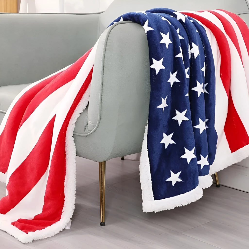 British style striped polyester blanket in vacuum shrink packaging showing size options.