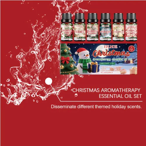Christmas aromatherapy oil set showing six bottles with 60ml and 10ml sizes for diffusers