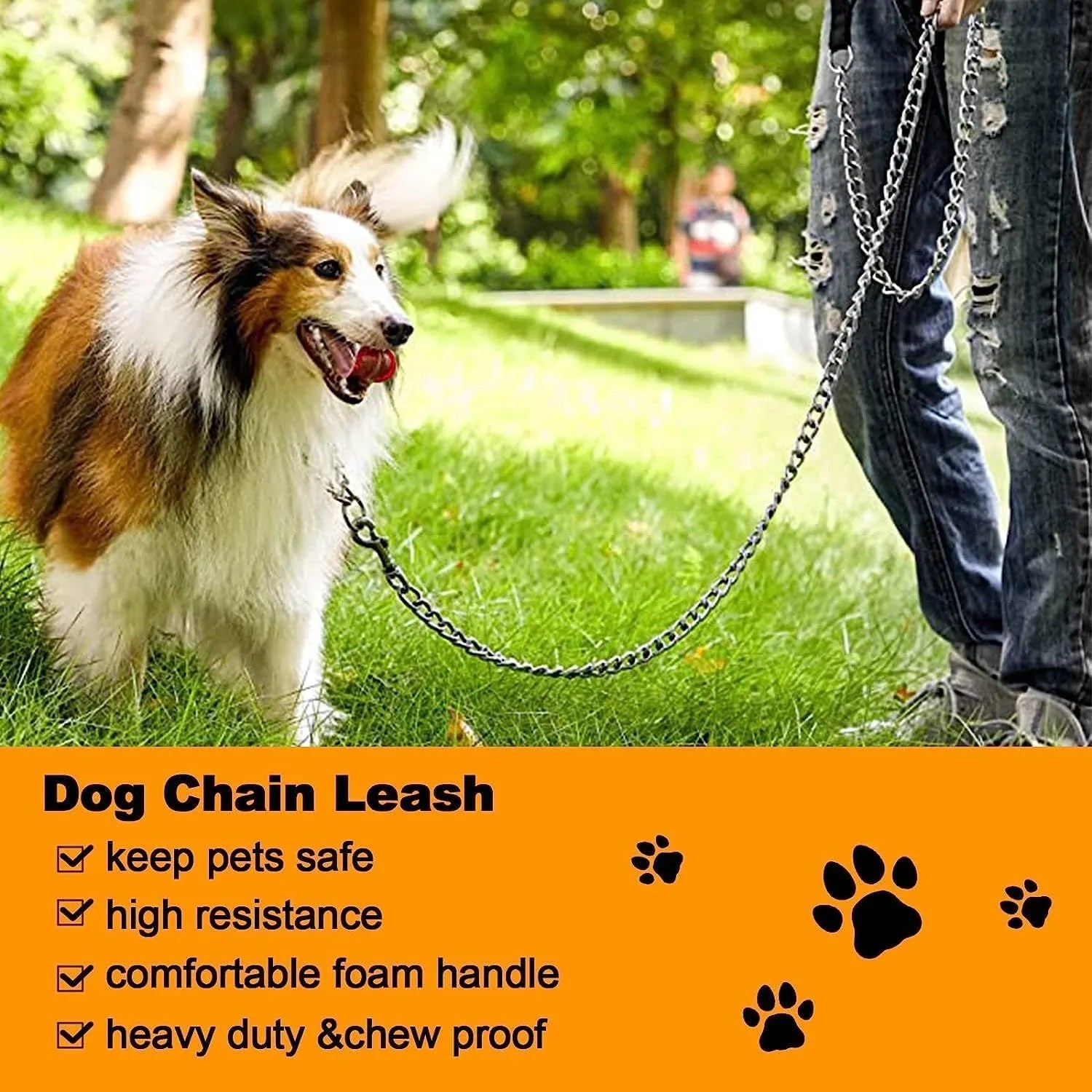 Heavy duty metal dog leash with soft black padded handle and silver chain, shown with a large dog collar clip.