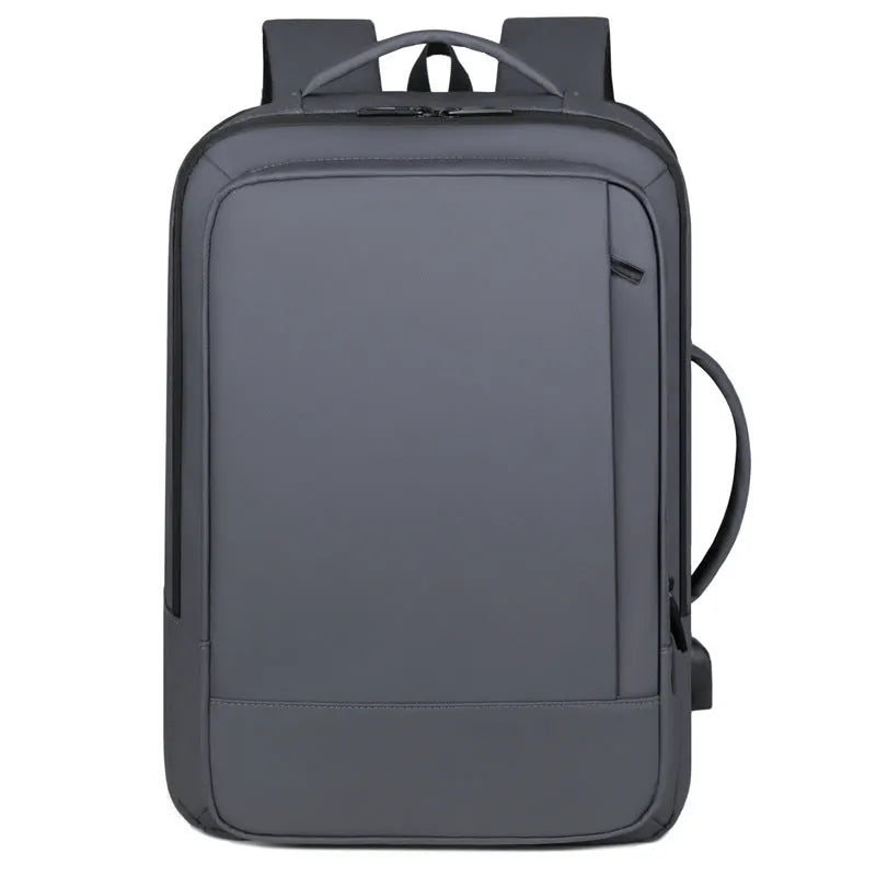 Black large capacity waterproof Oxford backpack with curved shoulder strap and hand carry handle.