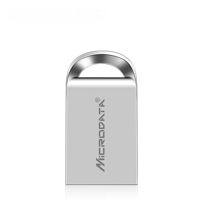 Car-shaped silver metal USB drive on a detachable chain, showing compact size.