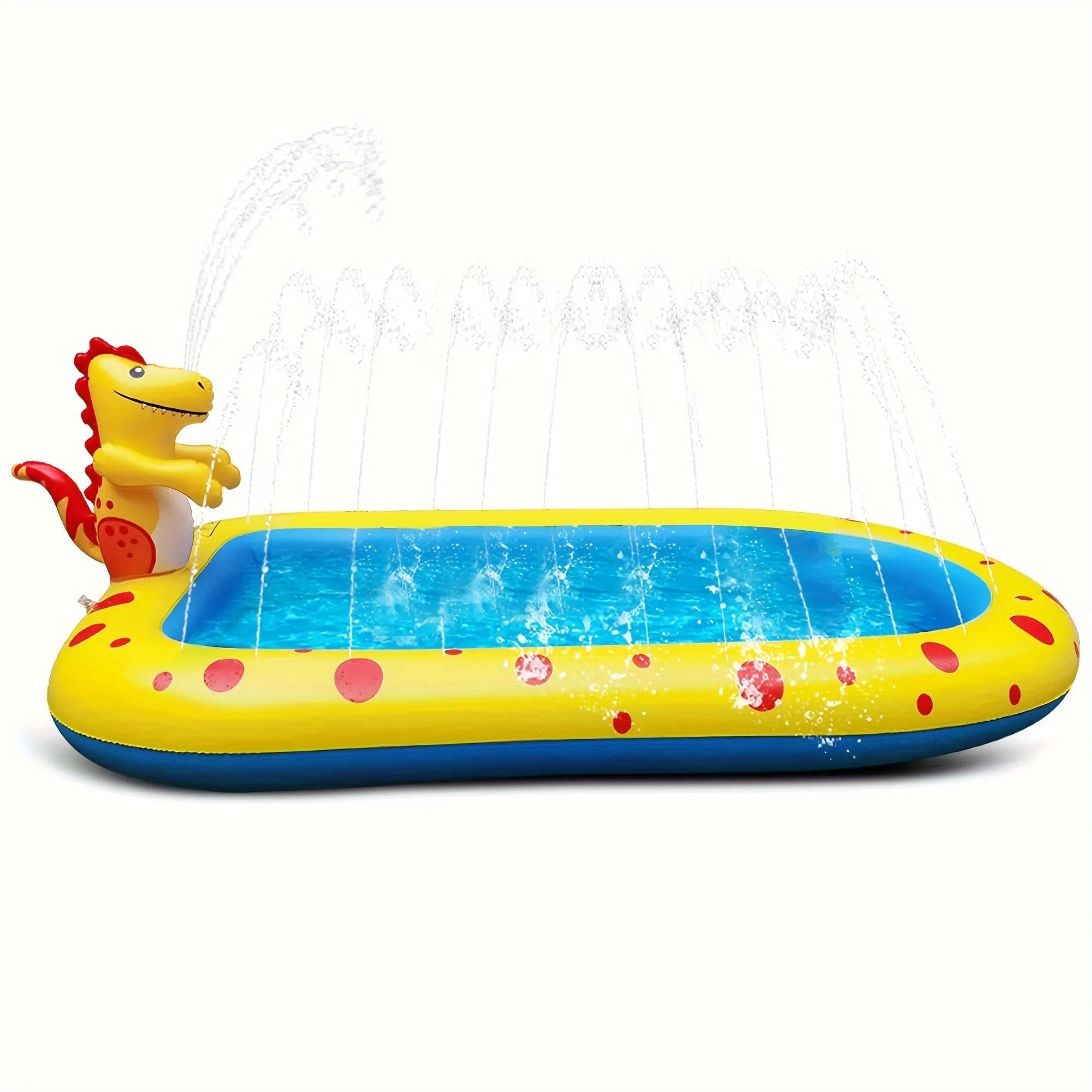 Blue dinosaur water spray pool measuring 170cm long with inflatable shark design for garden play