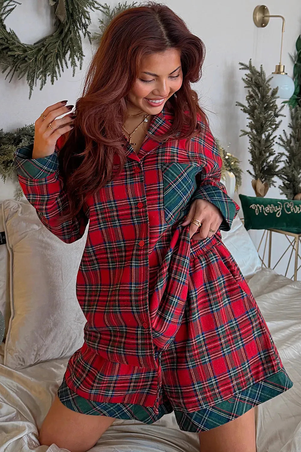 Red plaid Christmas pyjama set with contrast patched long-sleeve shirt and matching shorts