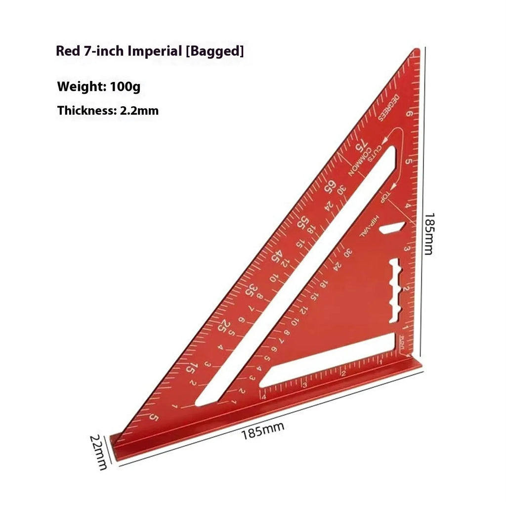 Red thin 7-inch metal combination angle ruler with metric scales on both sides