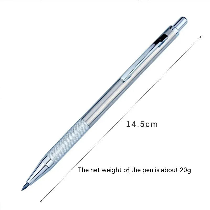 Metal automatic mechanical pencil with various lead specifications displayed