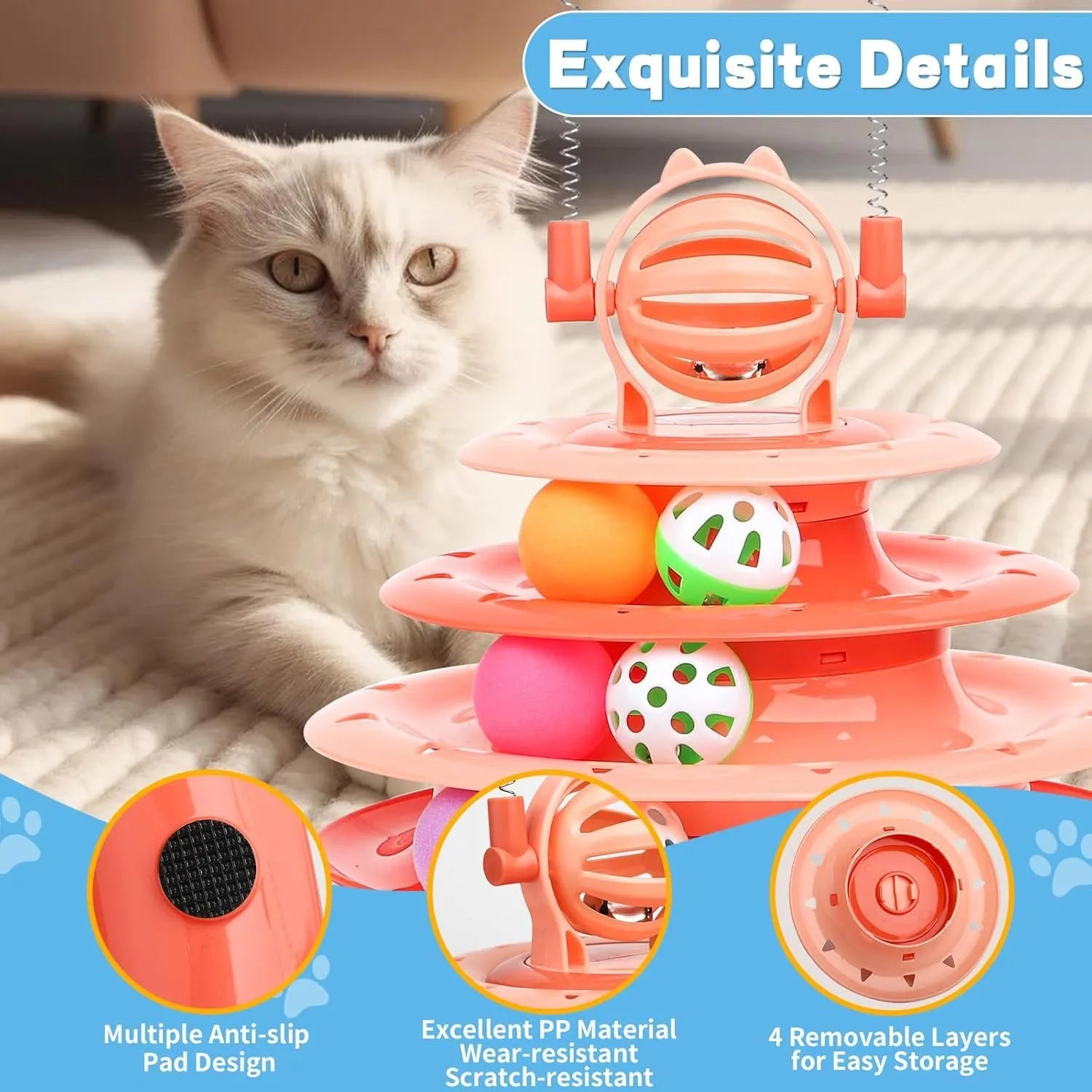 Blue 4-tier interactive cat carousel toy with coloured balls and teasing rods