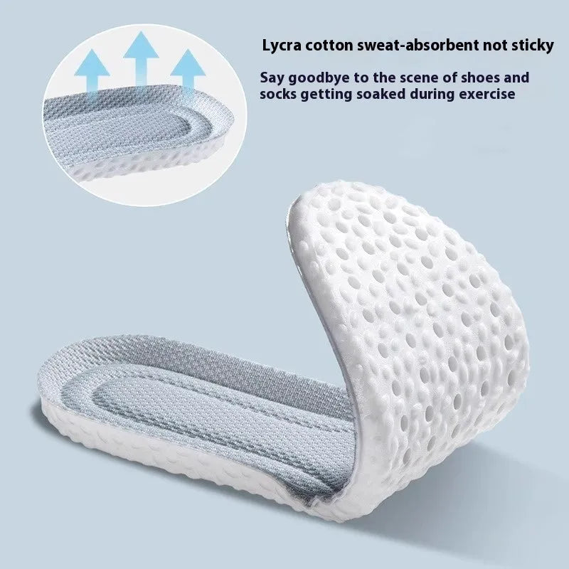 Grey, black, and orange breathable sports insoles made from soft PU material, shown alongside scissors for cut-to-fit sizing.