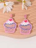 Colourful acrylic novelty earrings shaped like fruits and desserts including cherry, strawberry, and ice cream.