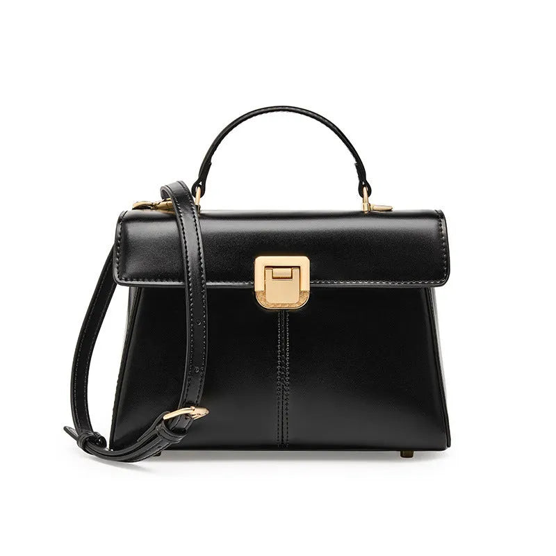 Women's genuine leather shoulder bag with vachette clasp in black horizontal square design