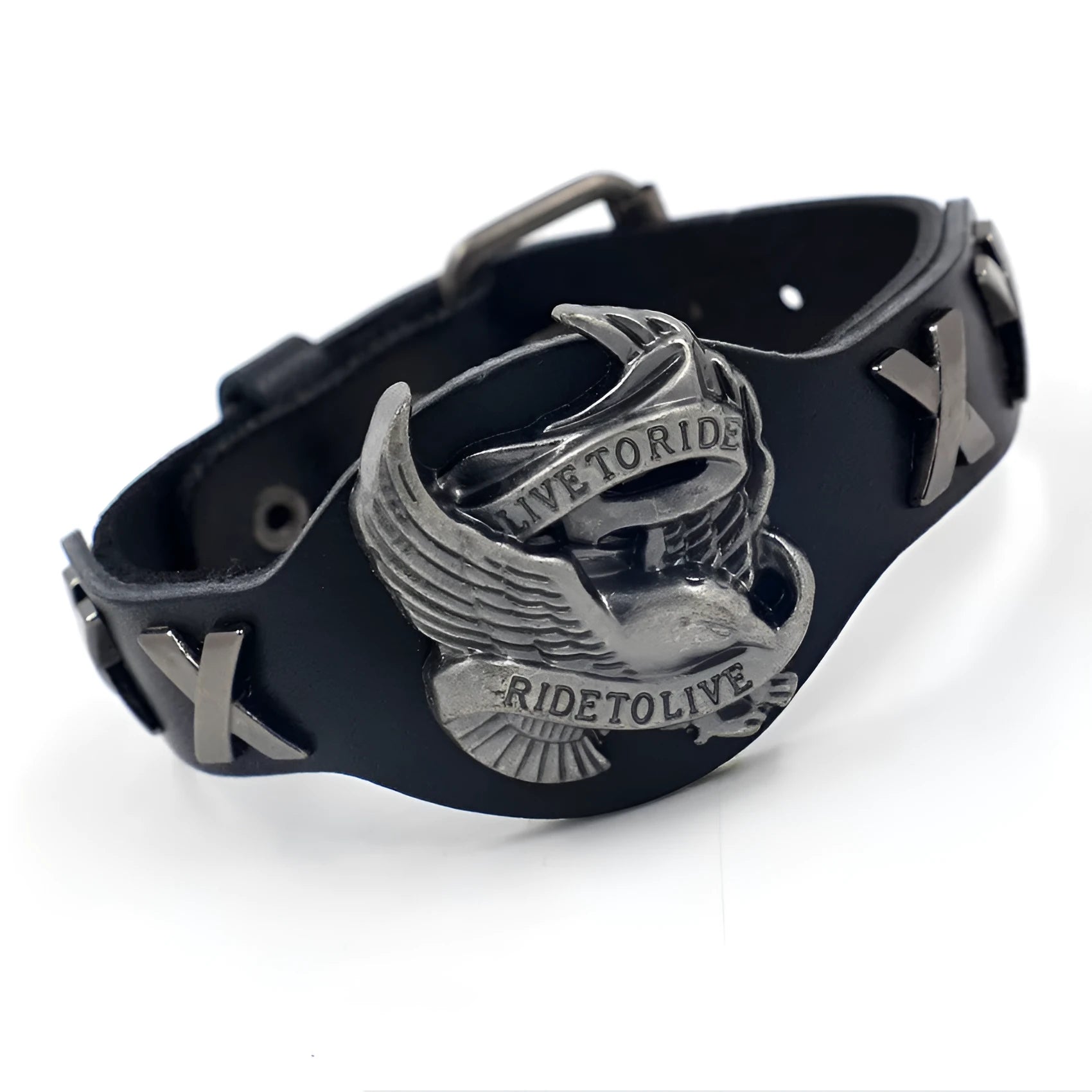 Black leather bracelet with geometric pattern and alloy eagle watch-buttom clasp