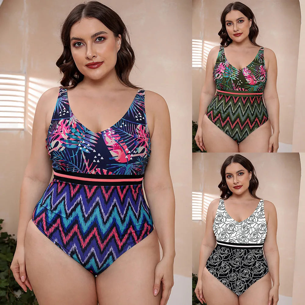 Blue striped one-piece swimsuit with spaghetti straps for women on a mannequin.