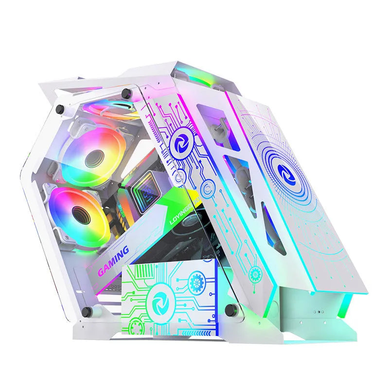 Table-type black bare metal PC chassis with six RGB fans lit up on a desk