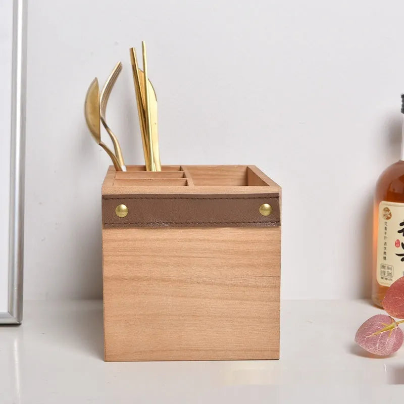 Wooden kitchen storage box with grid divider for knives, forks, and chopsticks