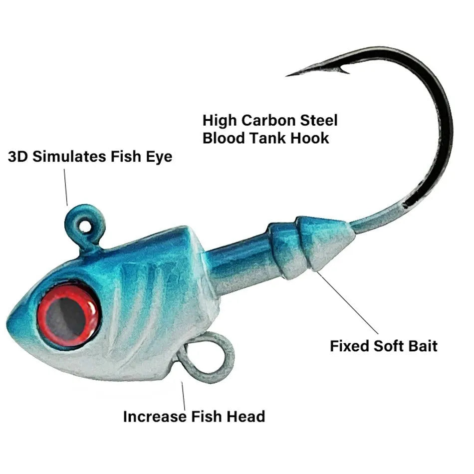 Yayu-shaped lead head fishing jig lure with barbed hook in blue, silver, and yellow colours.