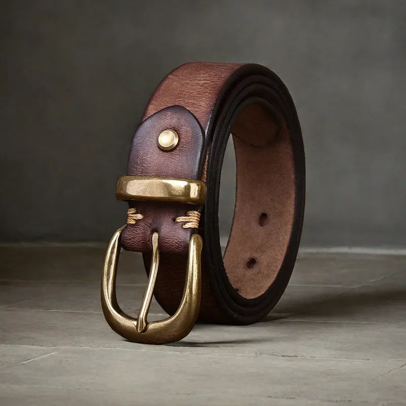 Men's casual jeans belt in cattlehide leather with copper buckle in black, brown, or khaki