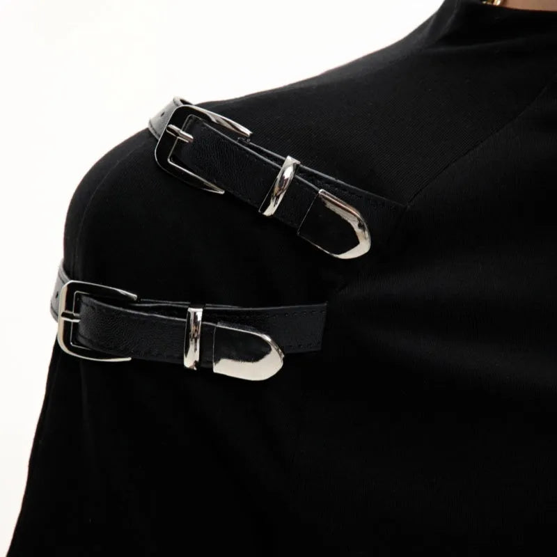 Men's black cotton T-shirt with metal belt design and small stand-up collar, slim fit short sleeve