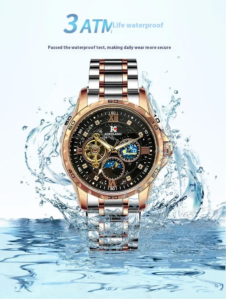 Men's automatic mechanical watch with rose gold case and black dial showing large display