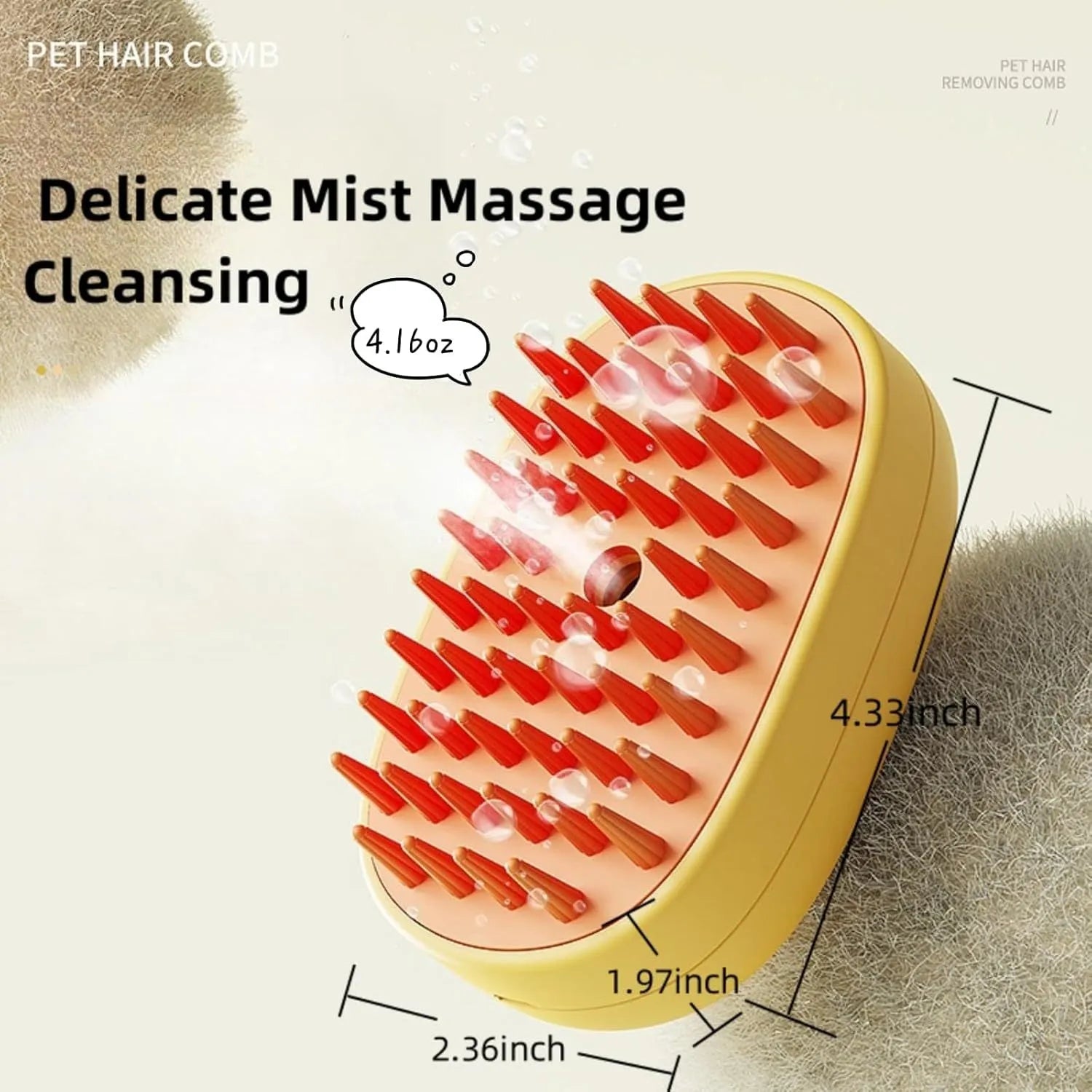 White and yellow rechargeable steam pet grooming brush with rubber comb teeth