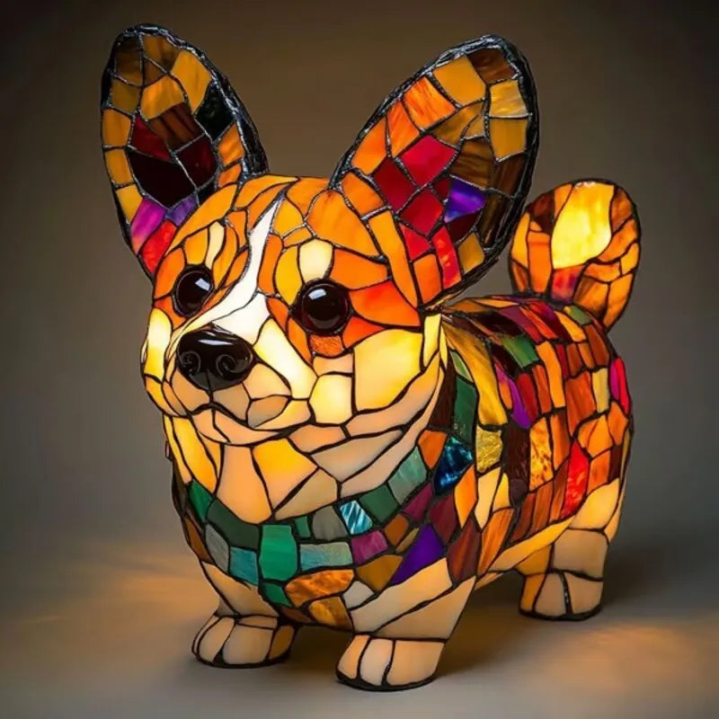 Colourful resin dog lamp decoration in pug shape, button battery powered, on a shelf