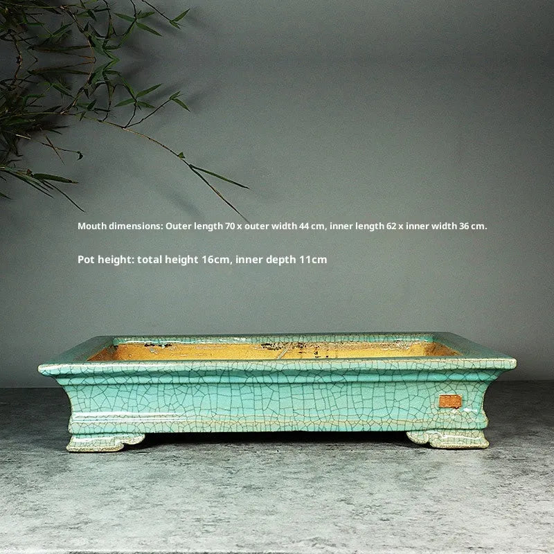 White cracked ceramic bamboo bonsai flowerpot with purple sand craft, desktop or floor use