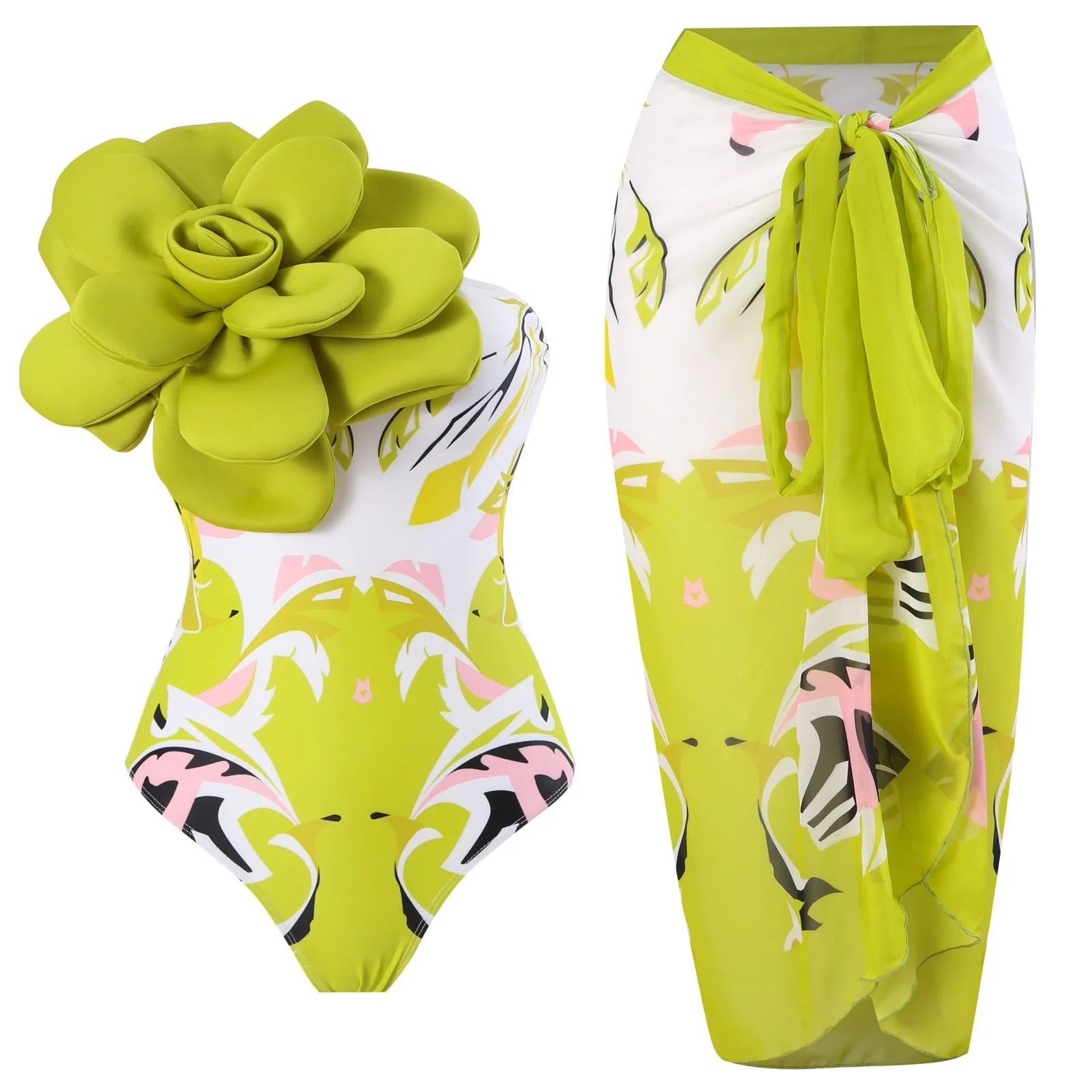 Women's blue printed one-piece swimsuit with matching gauze skirt, a holiday outfit set for swimming.