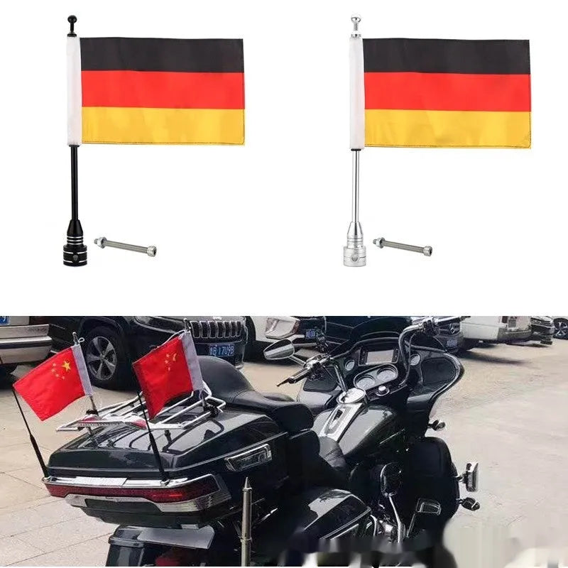 Black and silver metal motorbike flagpole for side box parcel rack mounting