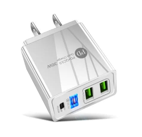 Dual USB fast charge travel charger with PD and interchangeable UK EU US plugs in black