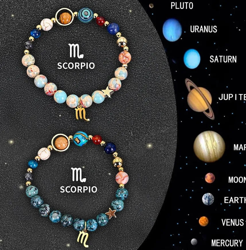 Two natural stone beaded bracelets with adjustable cords, presented as a zodiac sign bracelet set.
