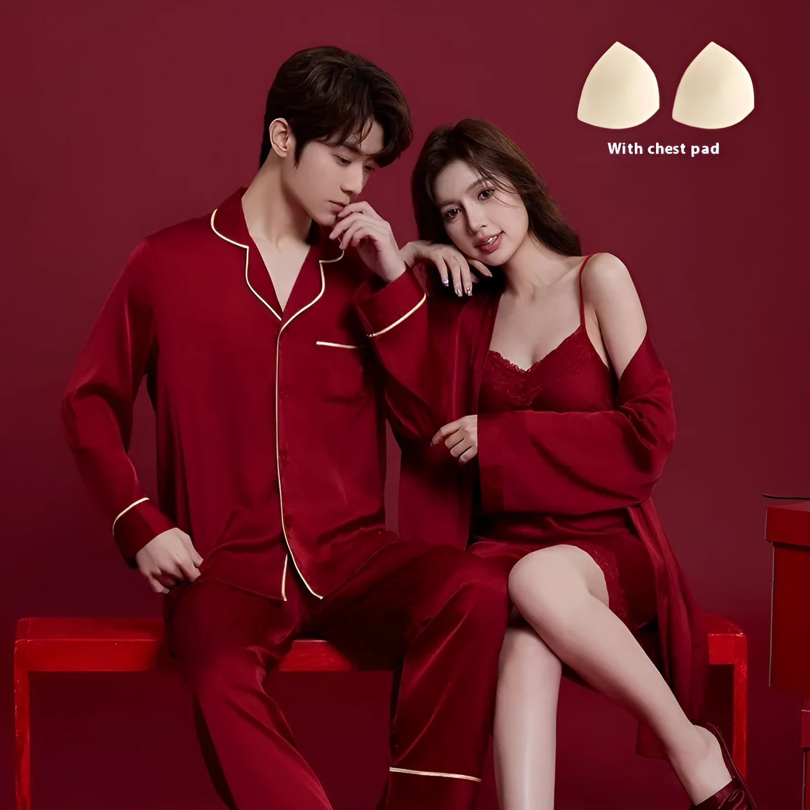 Red polyester ice silk sleepwear set for men and women with long sleeves and trousers