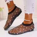 Women's flat sandals with mesh upper, colourful rhinestone design, and round toe