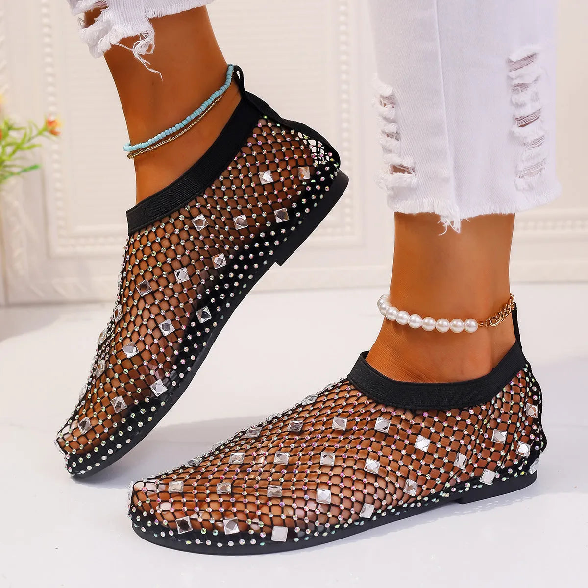 Women's flat sandals with mesh upper, colourful rhinestone design, and round toe