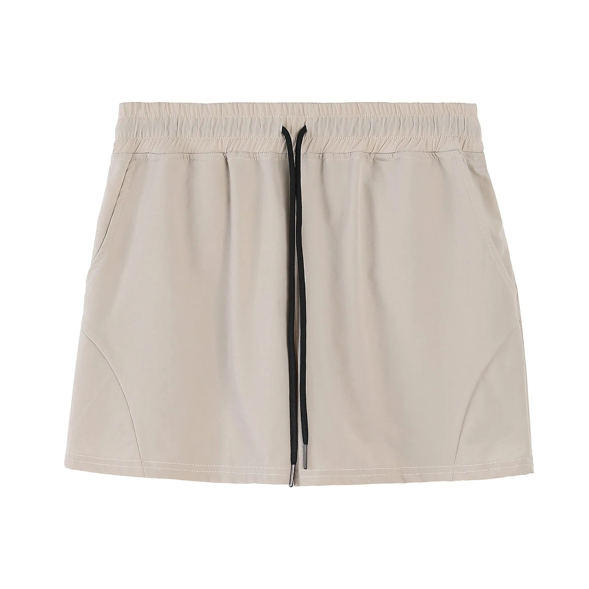 Men's thin grey polyester basketball shorts with an elastic waistband, shown in an athletic context.