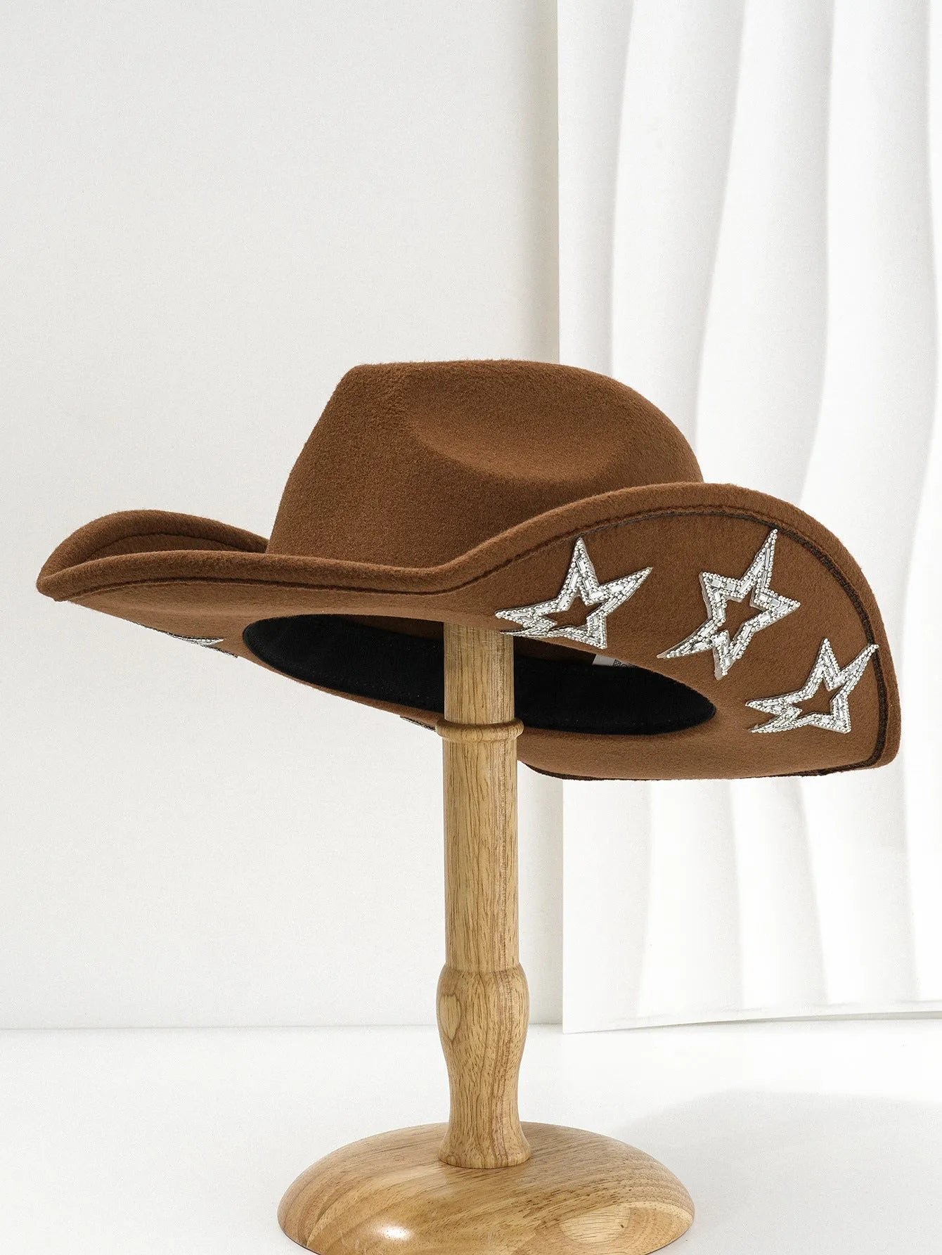 Western denim top hat with hexagonal star pattern on woven polyester fabric
