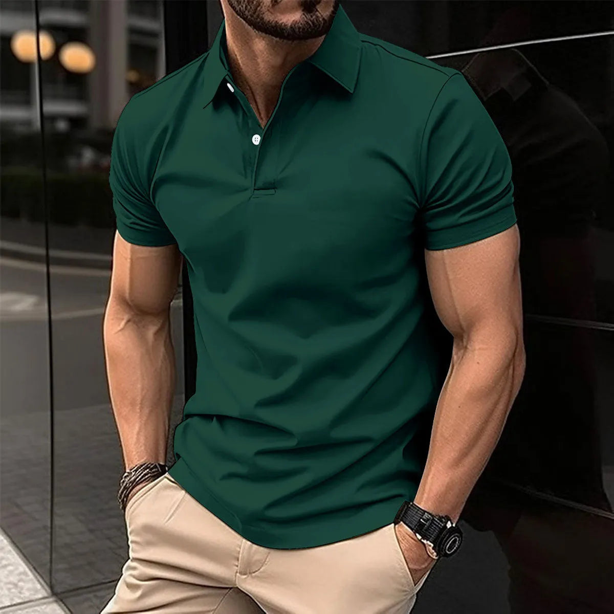 Men's solid colour short sleeve polo shirt with button lapel on a hanger