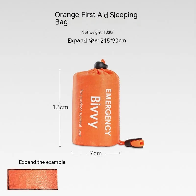 Orange portable disaster relief tent with emergency blanket showing 240cm × 150cm dimensions