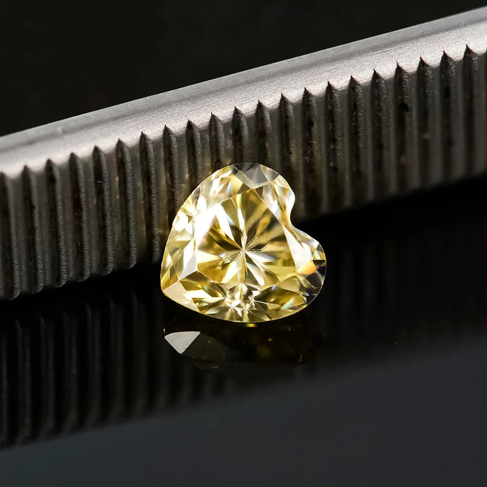 Lemon yellow moissanite heart-shaped stone in various sizes from 4mm to 11mm