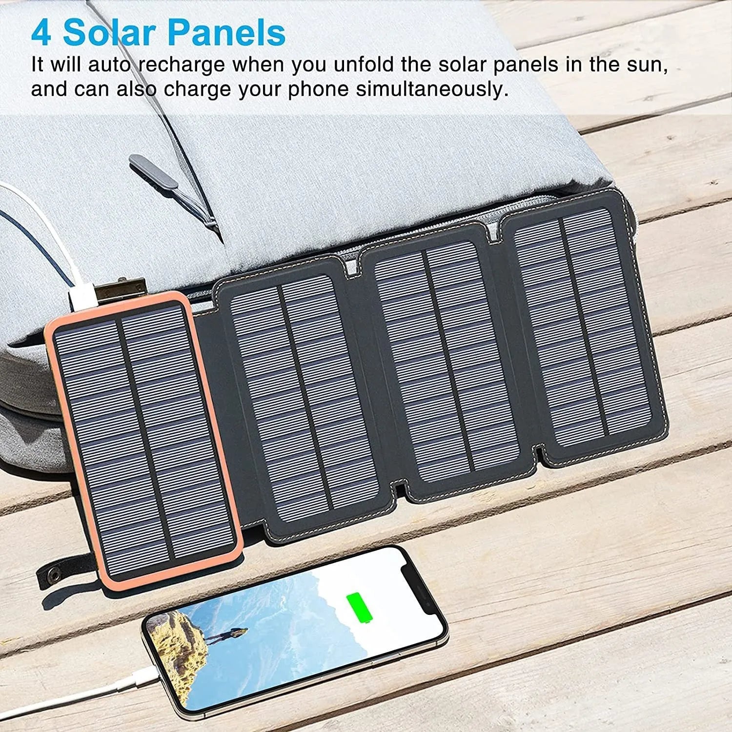 Outdoor solar power bank charger in multiple colours with a solar panel and LED light.