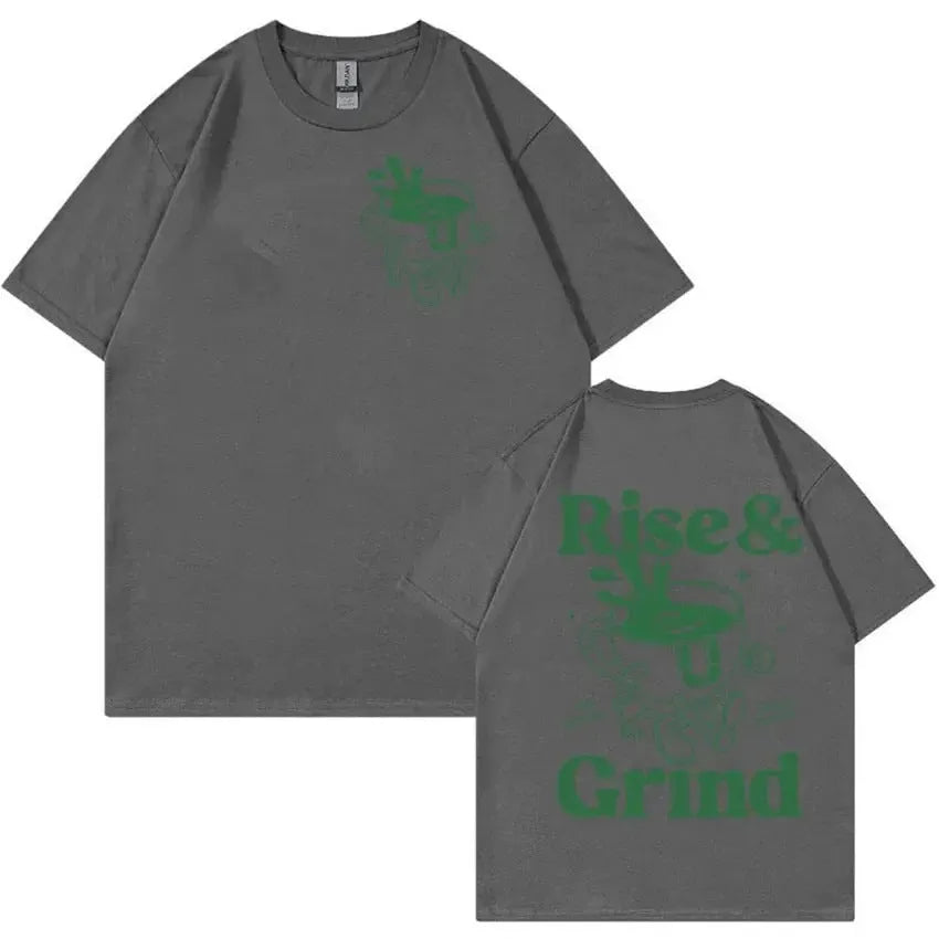 Linen loose-fit t-shirt with Rise And Grind green coffee bag cartoon graphic, shown in multiple colours.