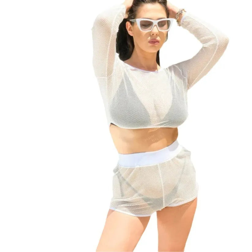 White transparent women's beach swimsuit set with breathable straps for sun protection